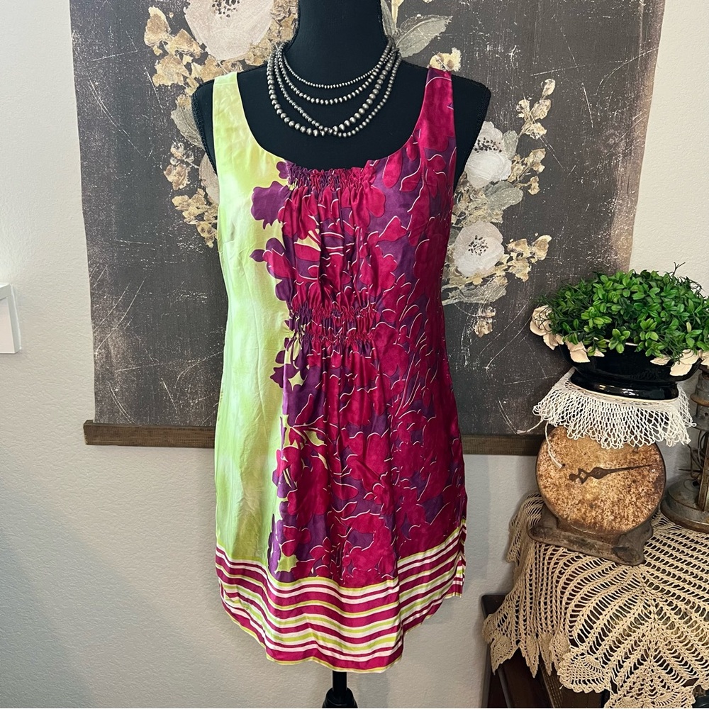Cabi 100% Silk Pink Green Floral Stripe Color Block Sleeveless Tunic Blouse Sz S - Picture 2 of 11